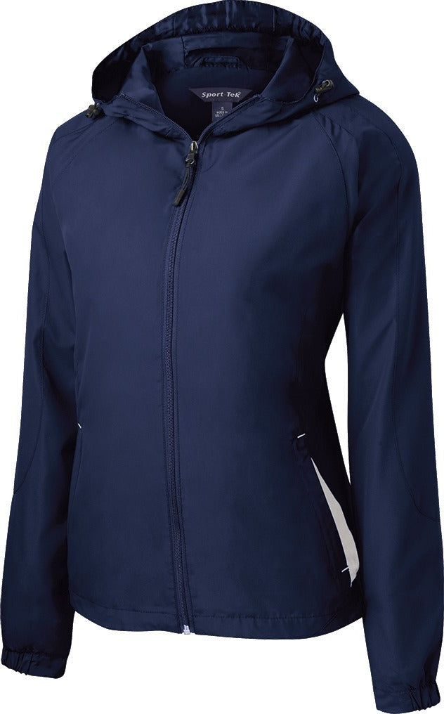 Front View of True Navy/Wht Sport-Tek Women's Colorblock Hooded Raglan Jacket. LST76