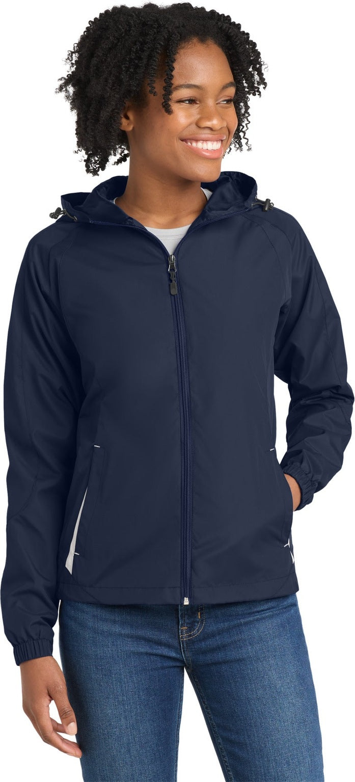 Front View of True Navy/Wht Sport-Tek Women's Colorblock Hooded Raglan Jacket. LST76