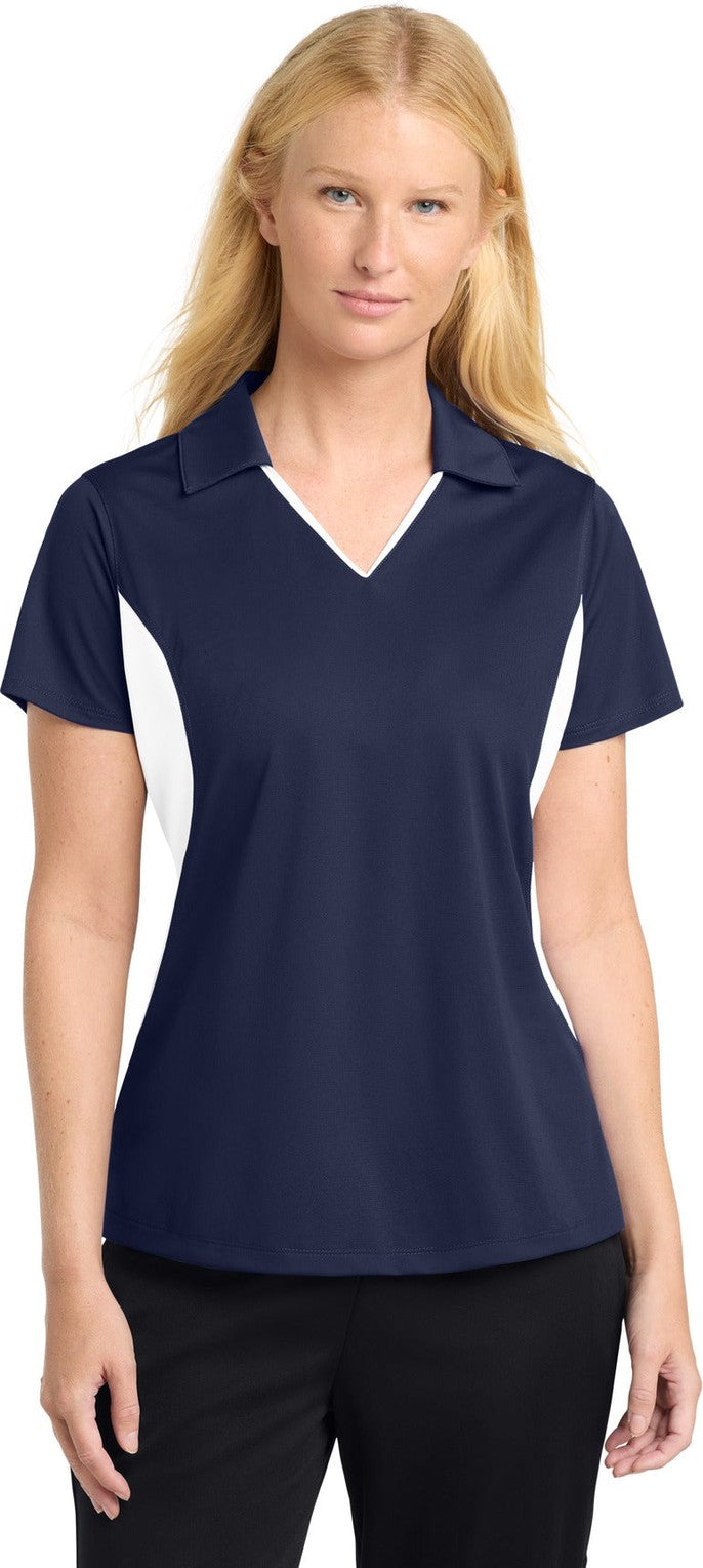 Front View of True Navy/Wht Sport-Tek Women's Side Blocked Micropique Sport-Wick Polo. LST655