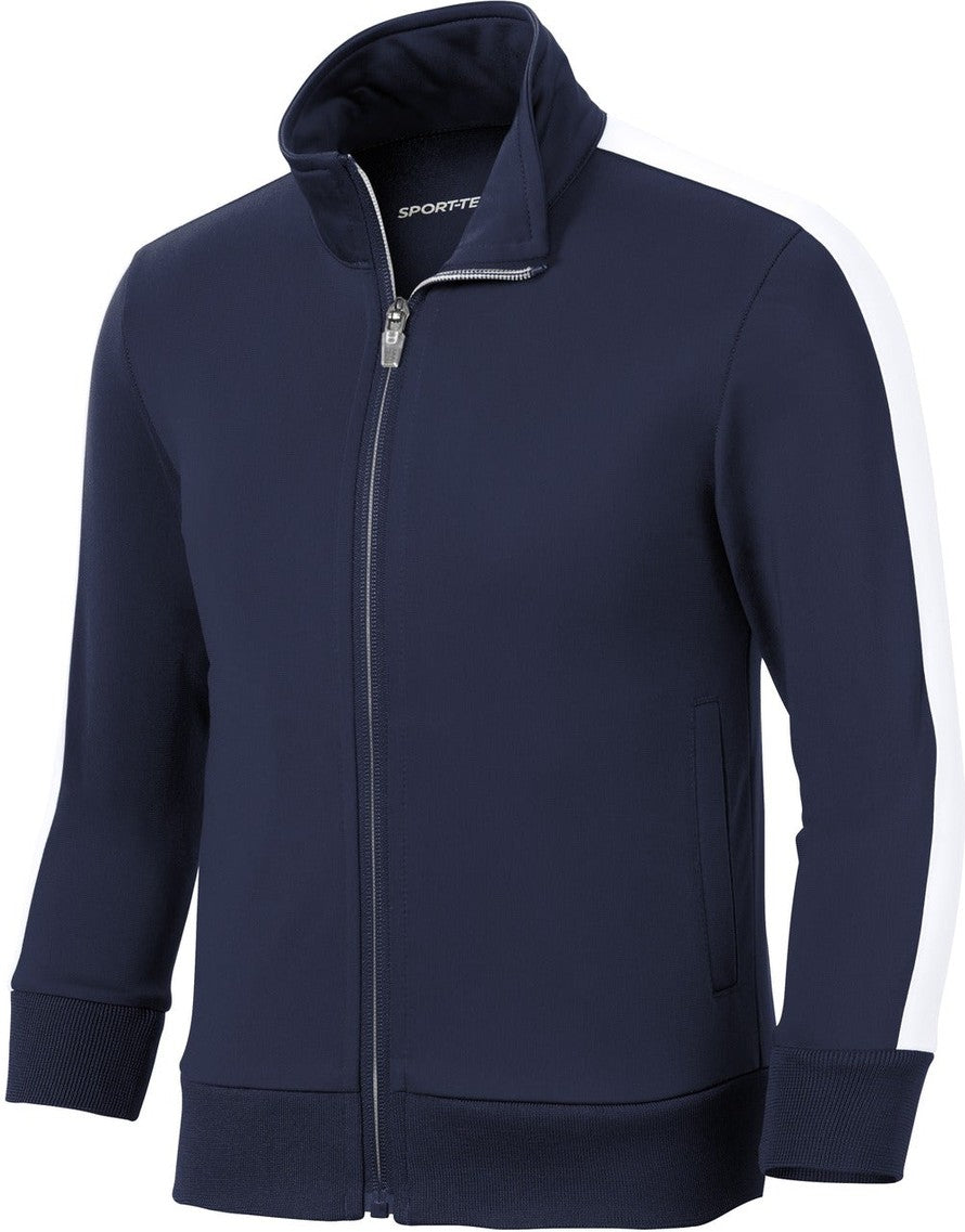 Front View of True Navy/Wht Sport-Tek Youth Tricot Sleeve Stripe Track Jacket. YST94