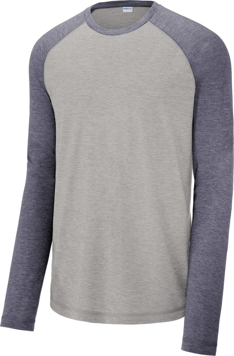 Front View of True Nvy H/LGH Sport-Tek PosiCharge Long Sleeve Tri-Blend Wicking Raglan Tee ST400LS
