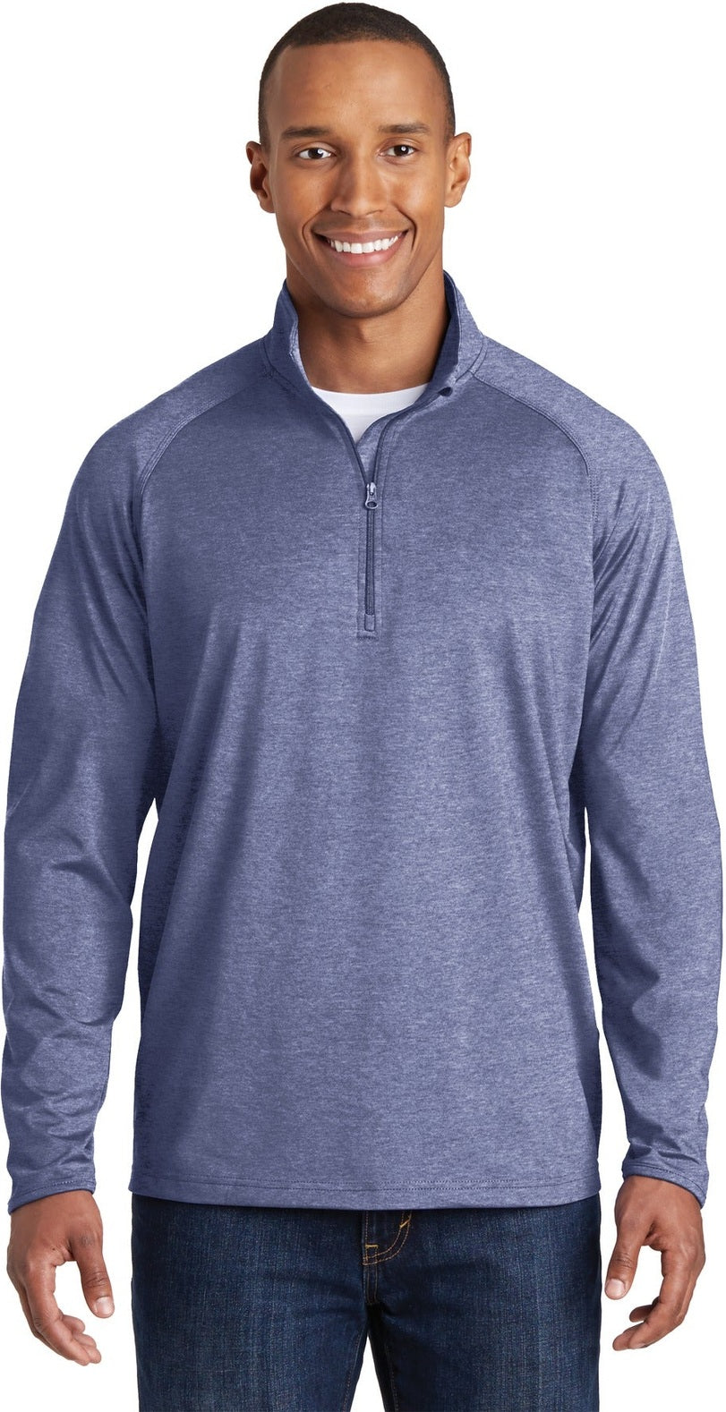 Front View of True Nvy Hthr Sport-Tek Sport-Wick Stretch 1/4-Zip Pullover. ST850