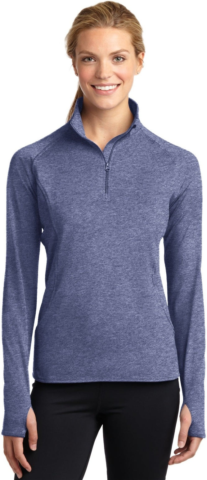 Front View of True Nvy Hthr Sport-Tek Women's Sport-Wick Stretch 1/4-Zip Pullover. LST850