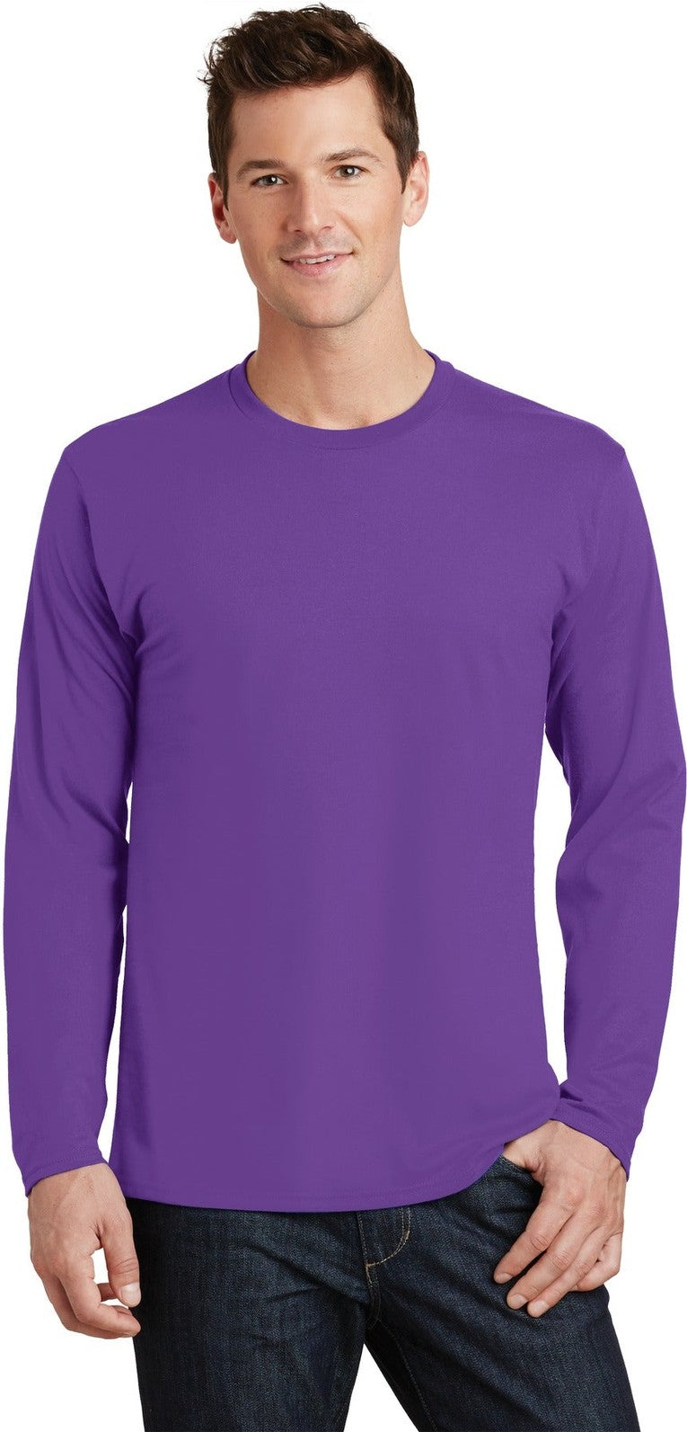 Front View of True Purple Port & Co Long Sleeve Fan Favorite Tee. PC450LS