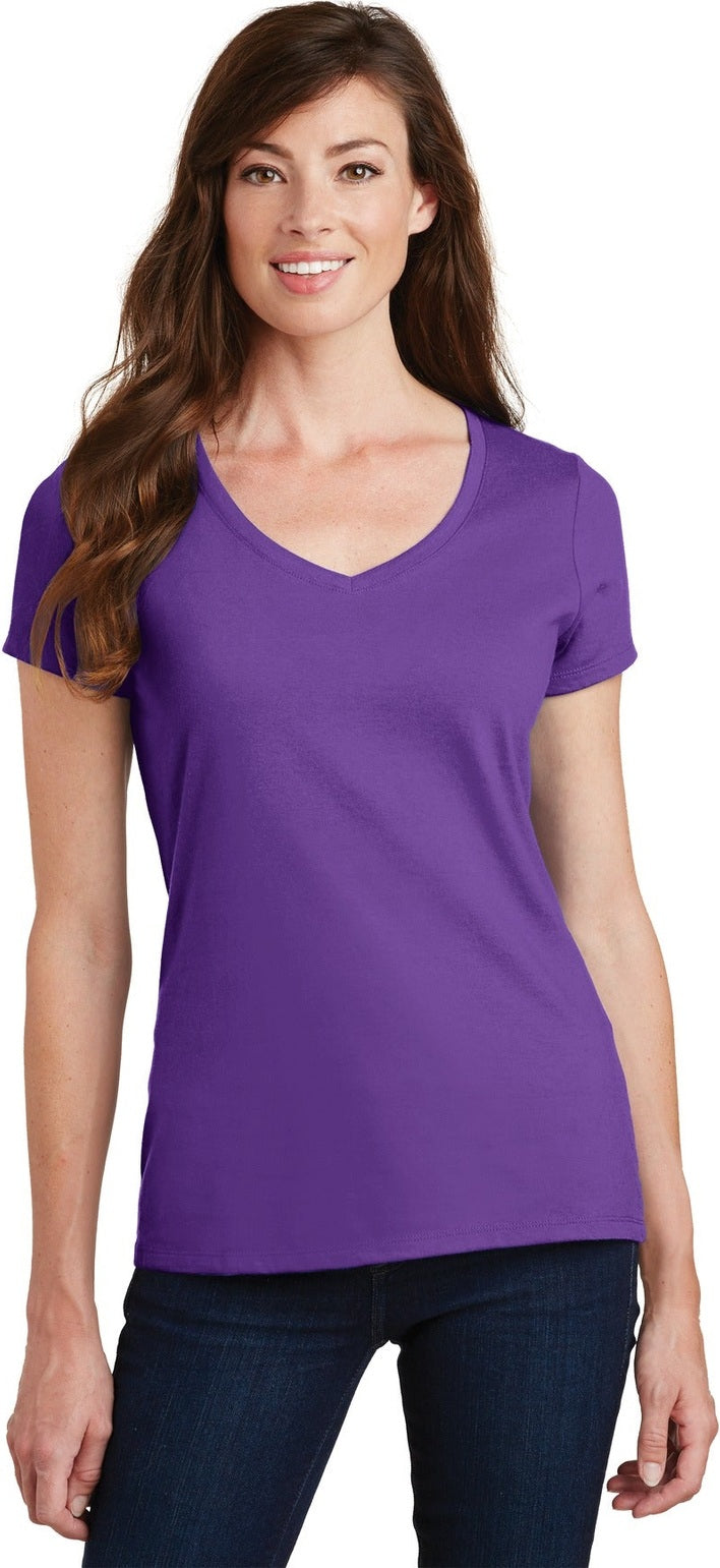 Front View of True Purple Port & Co Women's Fan Favorite V-Neck Tee. LPC450V