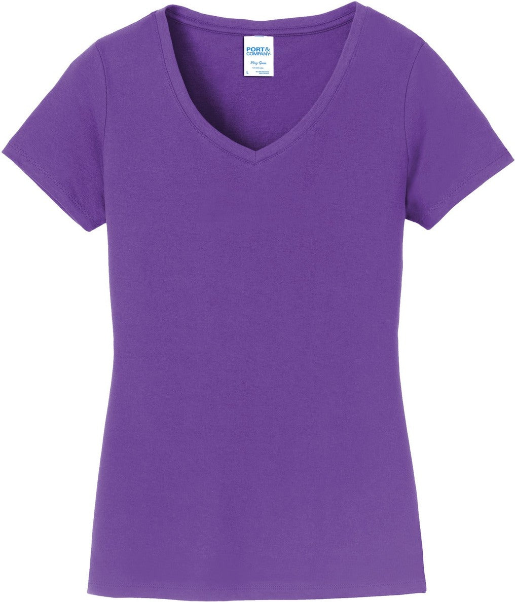 Front View of True Purple Port & Co Women's Fan Favorite V-Neck Tee. LPC450V