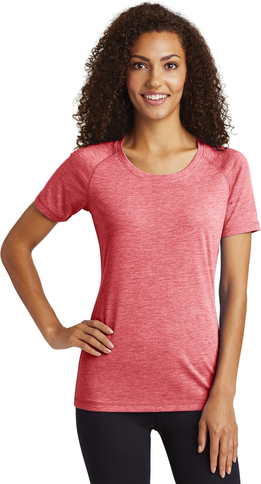 Front View of True Red Hthr Sport-Tek Women's PosiCharge Tri-Blend Wicking Scoop Neck Raglan Tee. LST400