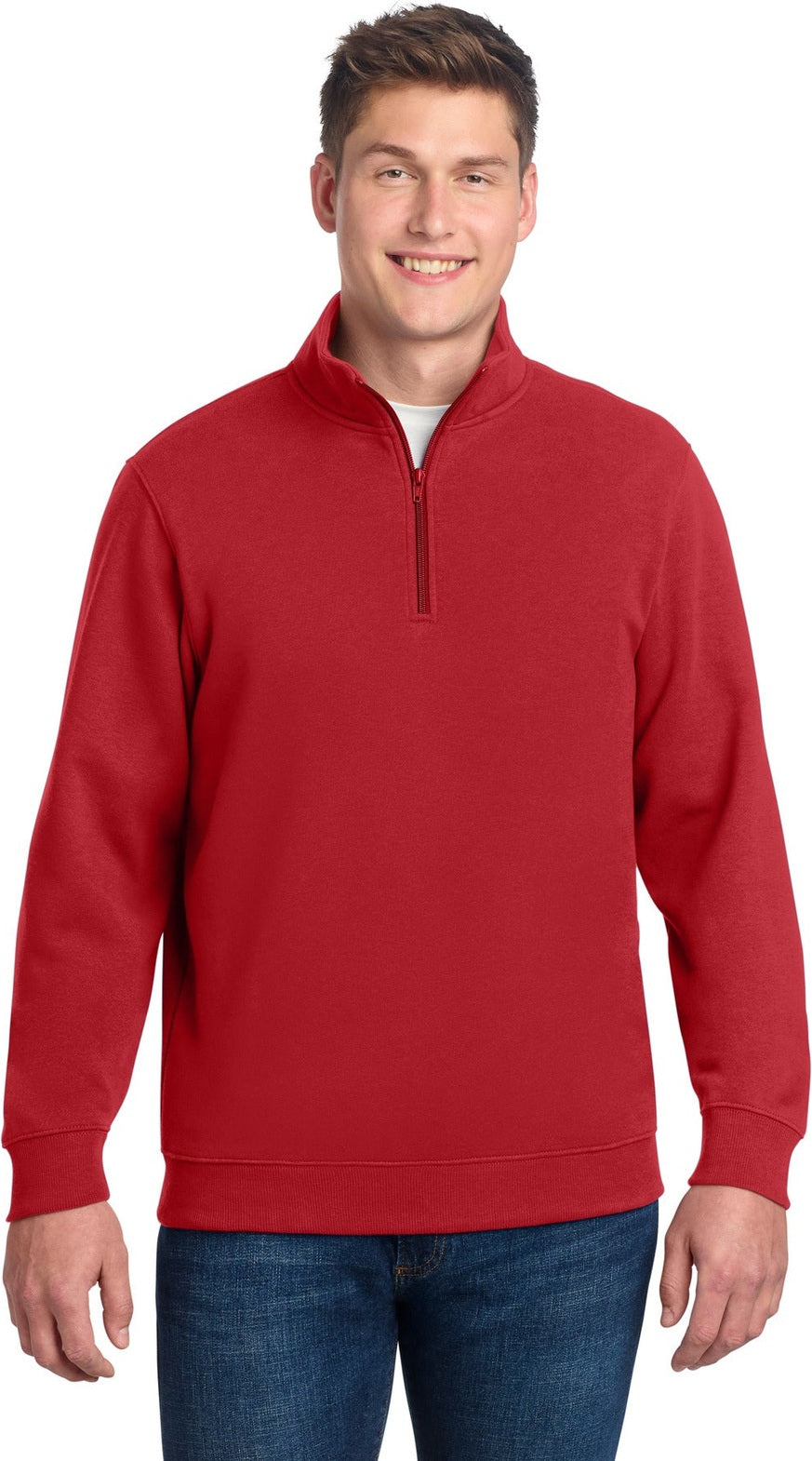 Front View of True Red Sport-Tek 1/4-Zip Sweatshirt. ST253