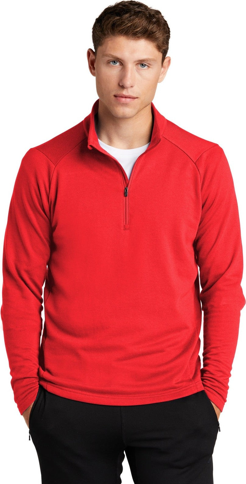 Front View of True Red Sport-Tek Lightweight French Terry 1/4-Zip Pullover. ST273