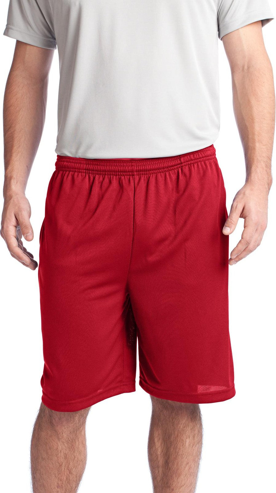 Front View of True Red Sport-Tek PosiCharge Tough Mesh Pocket Short. ST312