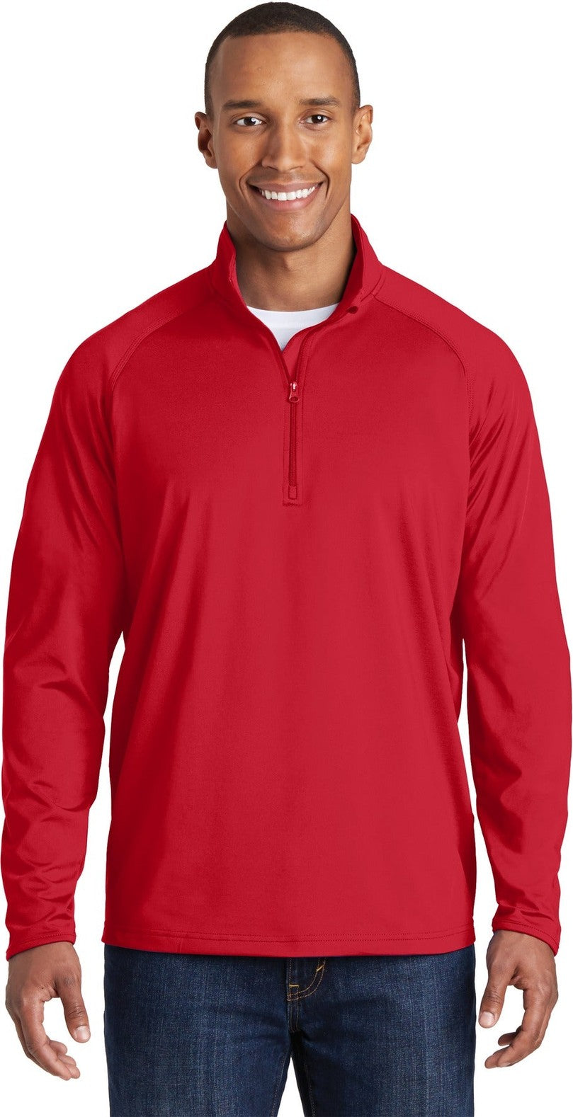 Front View of True Red Sport-Tek Sport-Wick Stretch 1/4-Zip Pullover. ST850