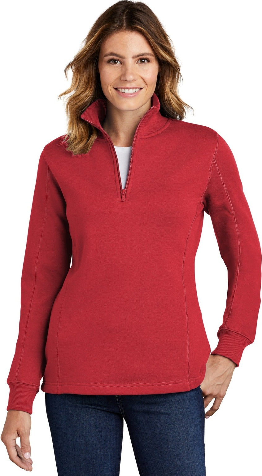 Front View of True Red Sport-Tek Women's 1/4-Zip Sweatshirt. LST253