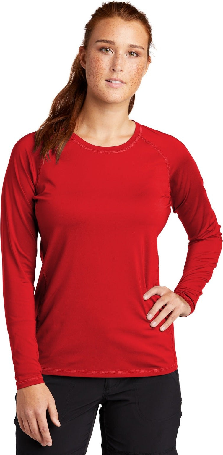 Front View of True Red Sport-Tek Women's Long Sleeve Rashguard Tee. LST470LS