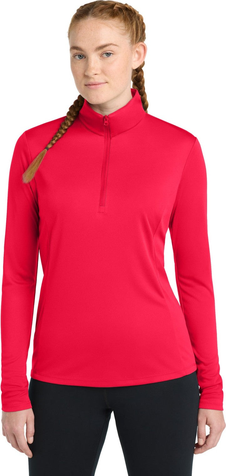 Front View of True Red Sport-Tek Women's PosiCharge Competitor 1/4-Zip Pullover. LST357