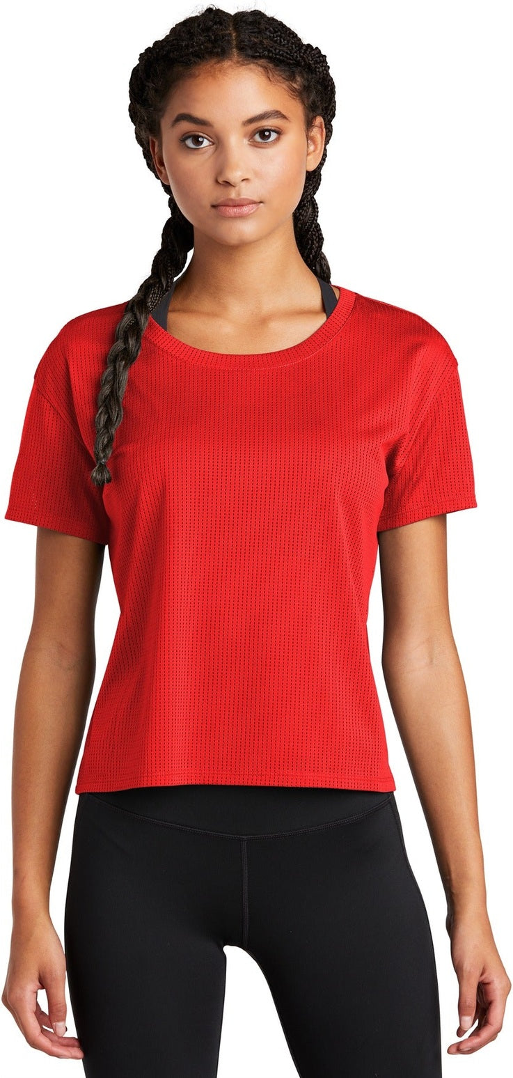 Front View of True Red Sport-Tek Women's PosiCharge Draft Crop Tee. LST411