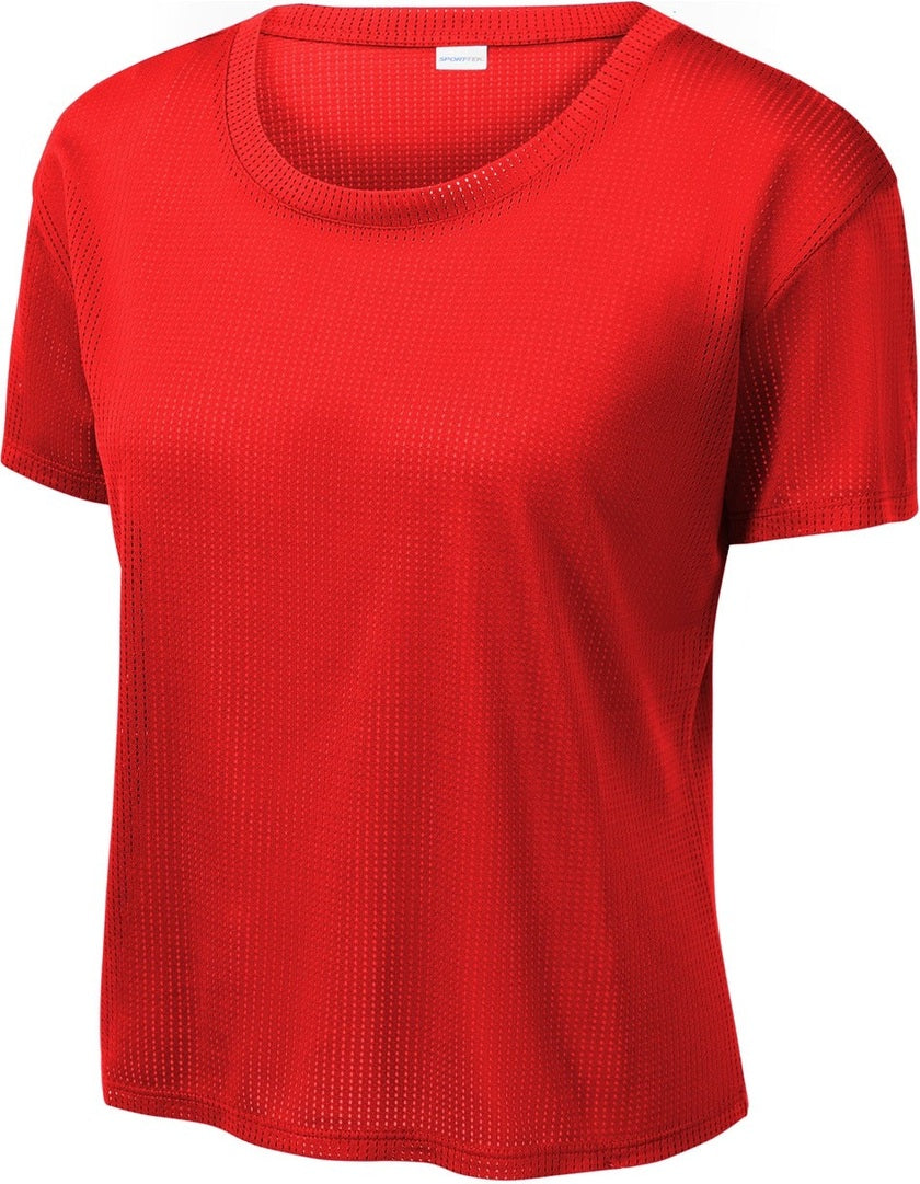 Front View of True Red Sport-Tek Women's PosiCharge Draft Crop Tee. LST411