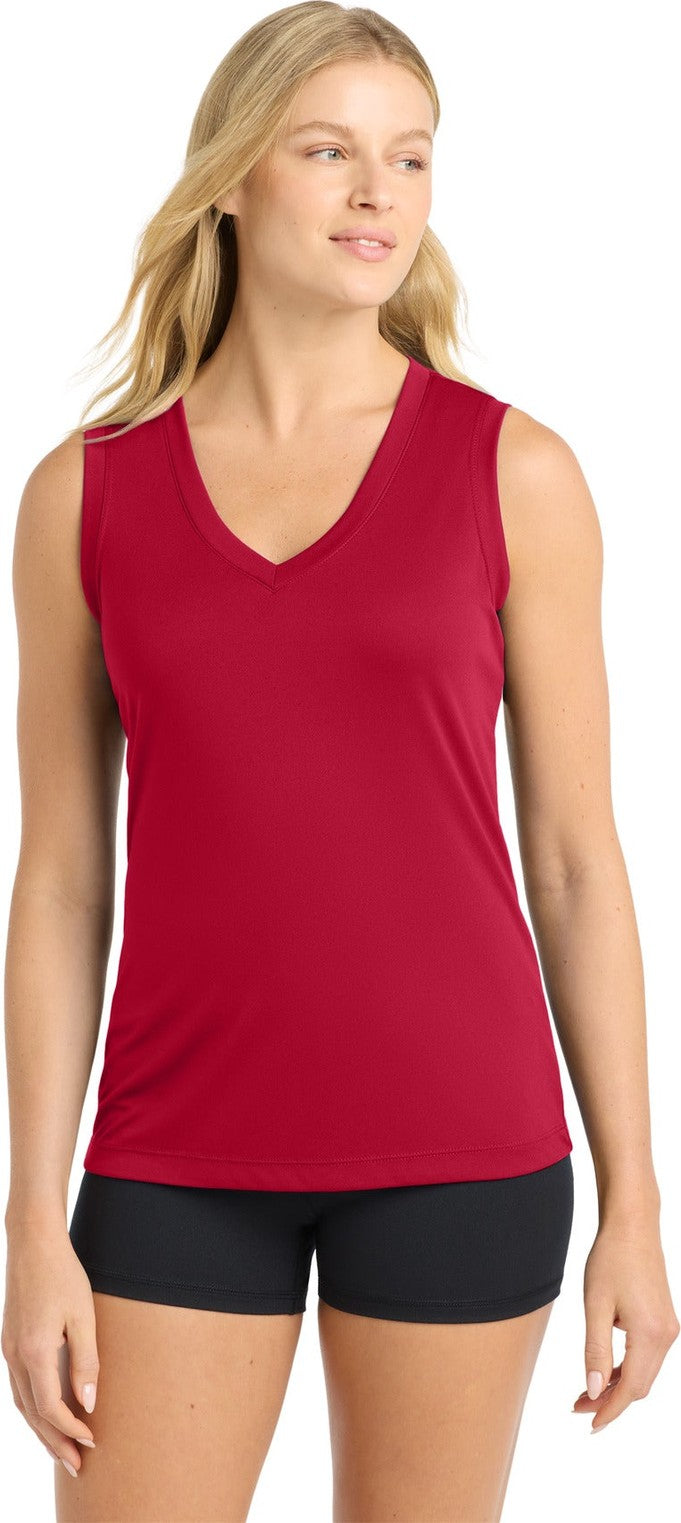 Front View of True Red Sport-Tek Women's Sleeveless PosiCharge Competitor V-Neck Tee. LST352
