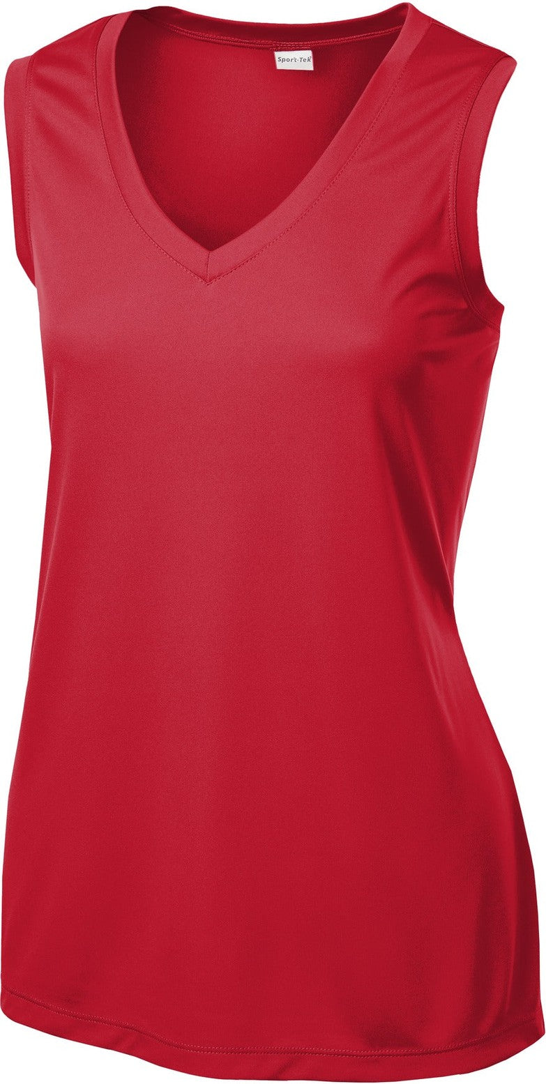 Front View of True Red Sport-Tek Women's Sleeveless PosiCharge Competitor V-Neck Tee. LST352