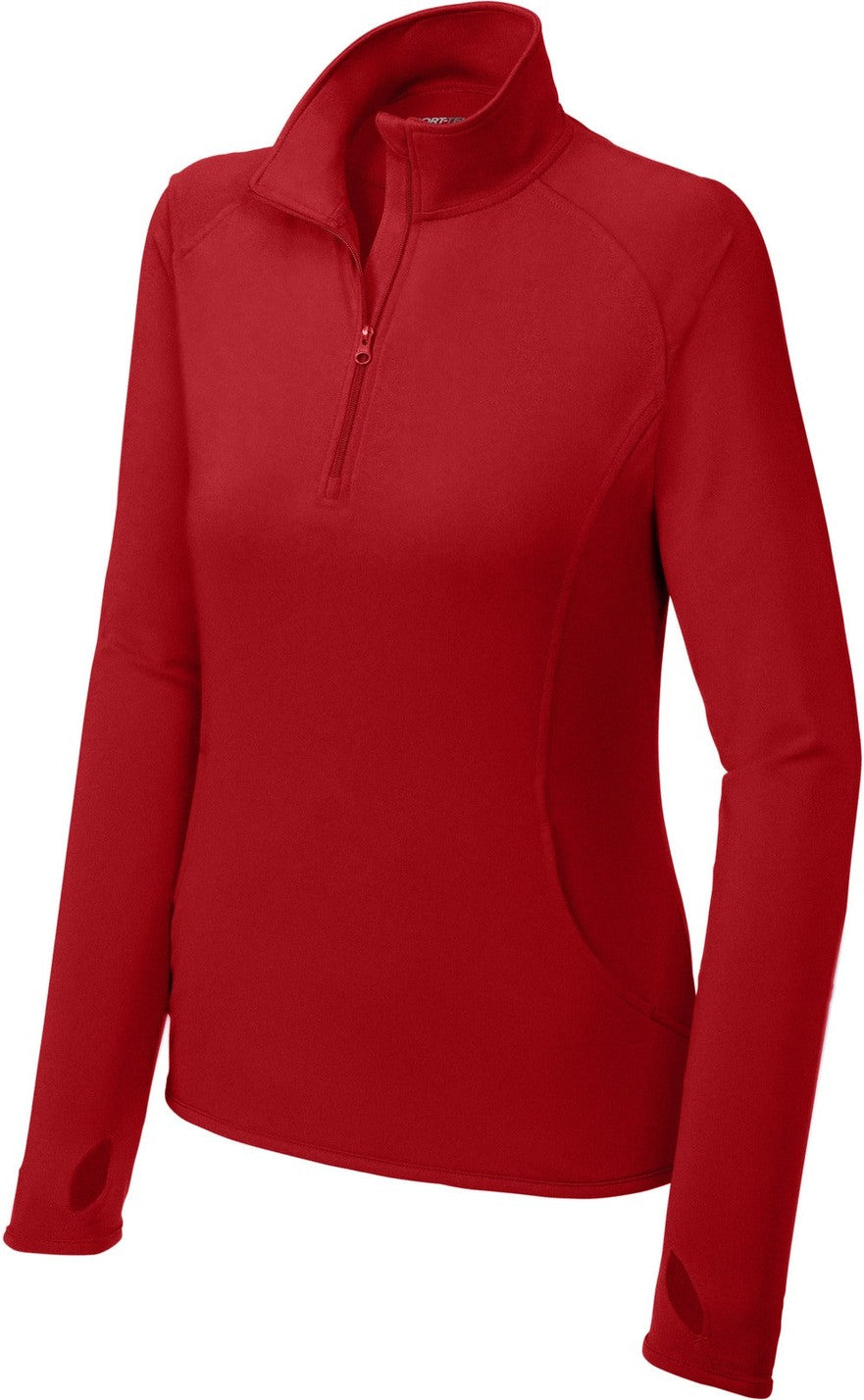 Front View of True Red Sport-Tek Women's Sport-Wick Stretch 1/4-Zip Pullover. LST850