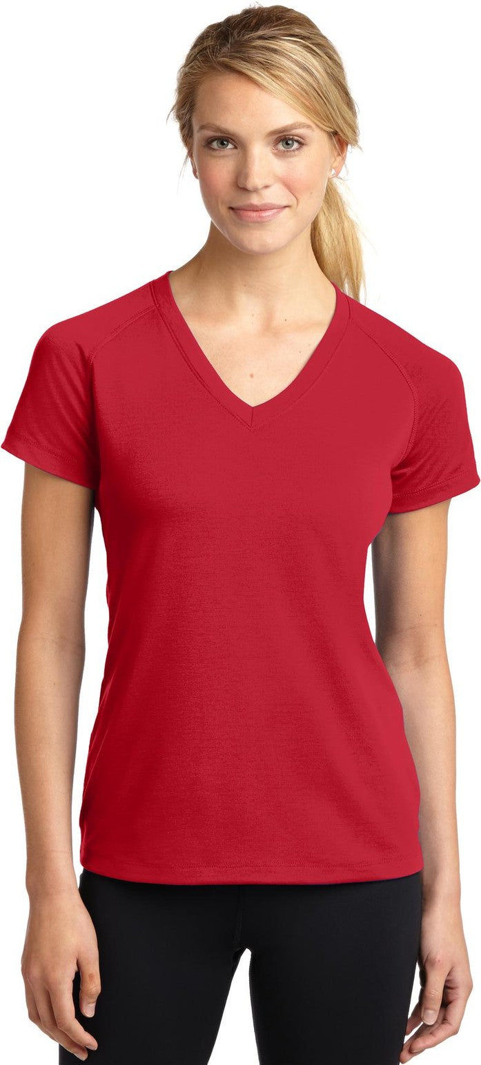 Front View of True Red Sport-Tek Women's Ultimate Performance V-Neck. LST700