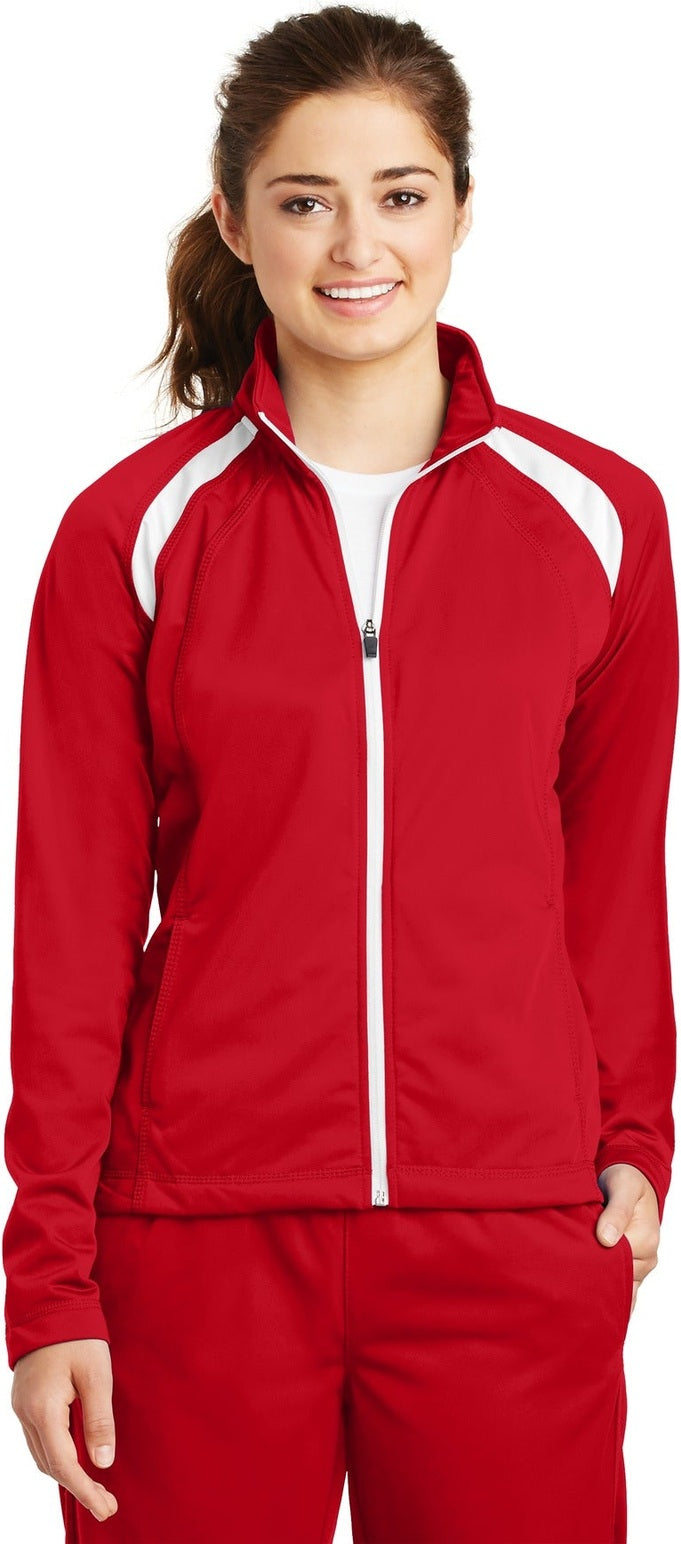 Front View of True Red/White Sport-Tek Women's Tricot Track Jacket. LST90