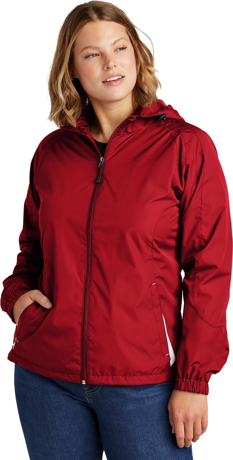 Front View of True Red/Wht Sport-Tek Women's Colorblock Hooded Raglan Jacket. LST76