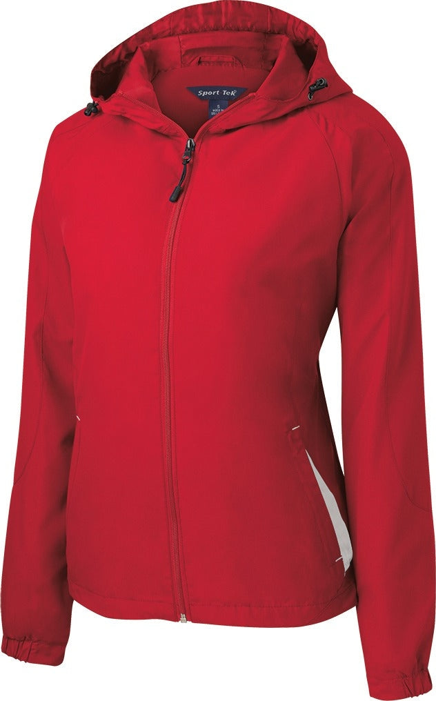 Front View of True Red/Wht Sport-Tek Women's Colorblock Hooded Raglan Jacket. LST76