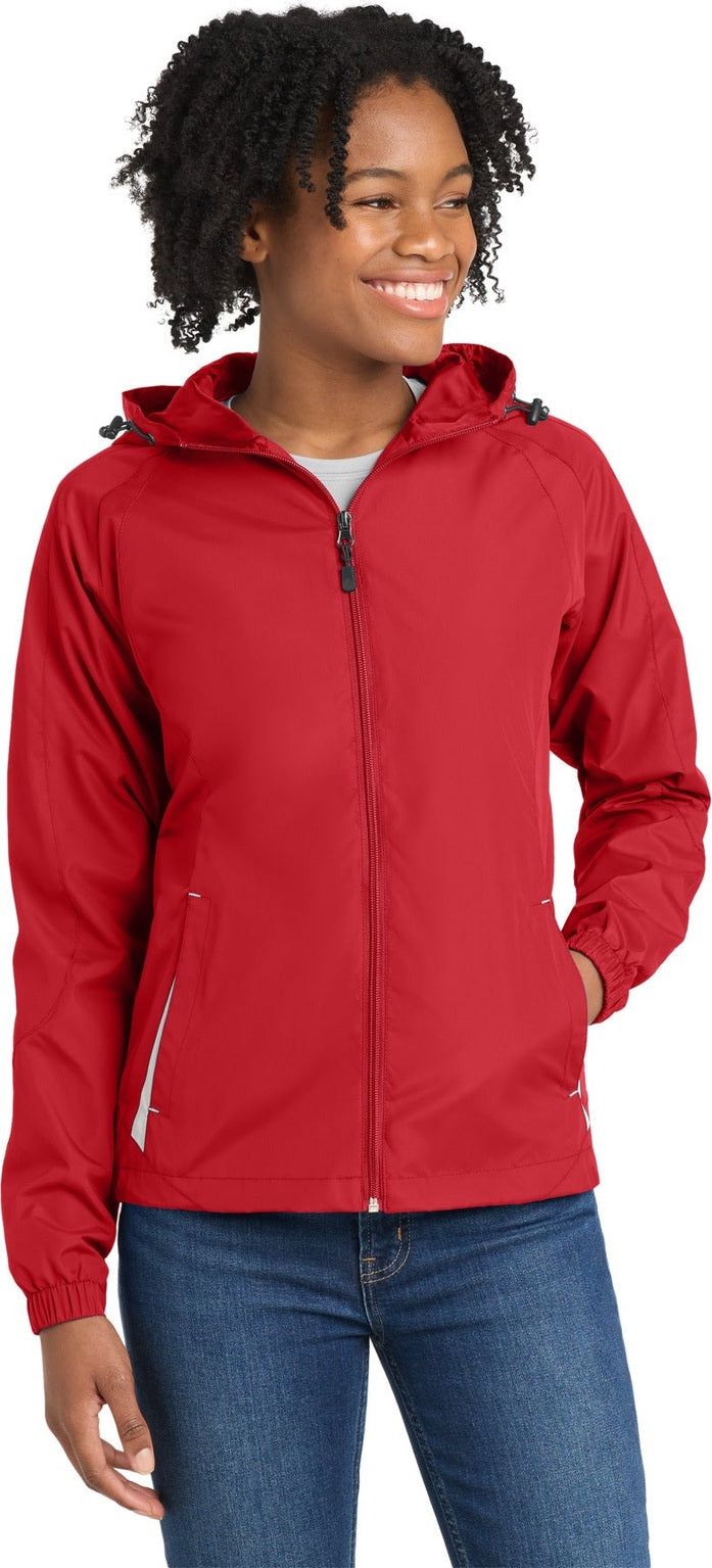 Front View of True Red/Wht Sport-Tek Women's Colorblock Hooded Raglan Jacket. LST76