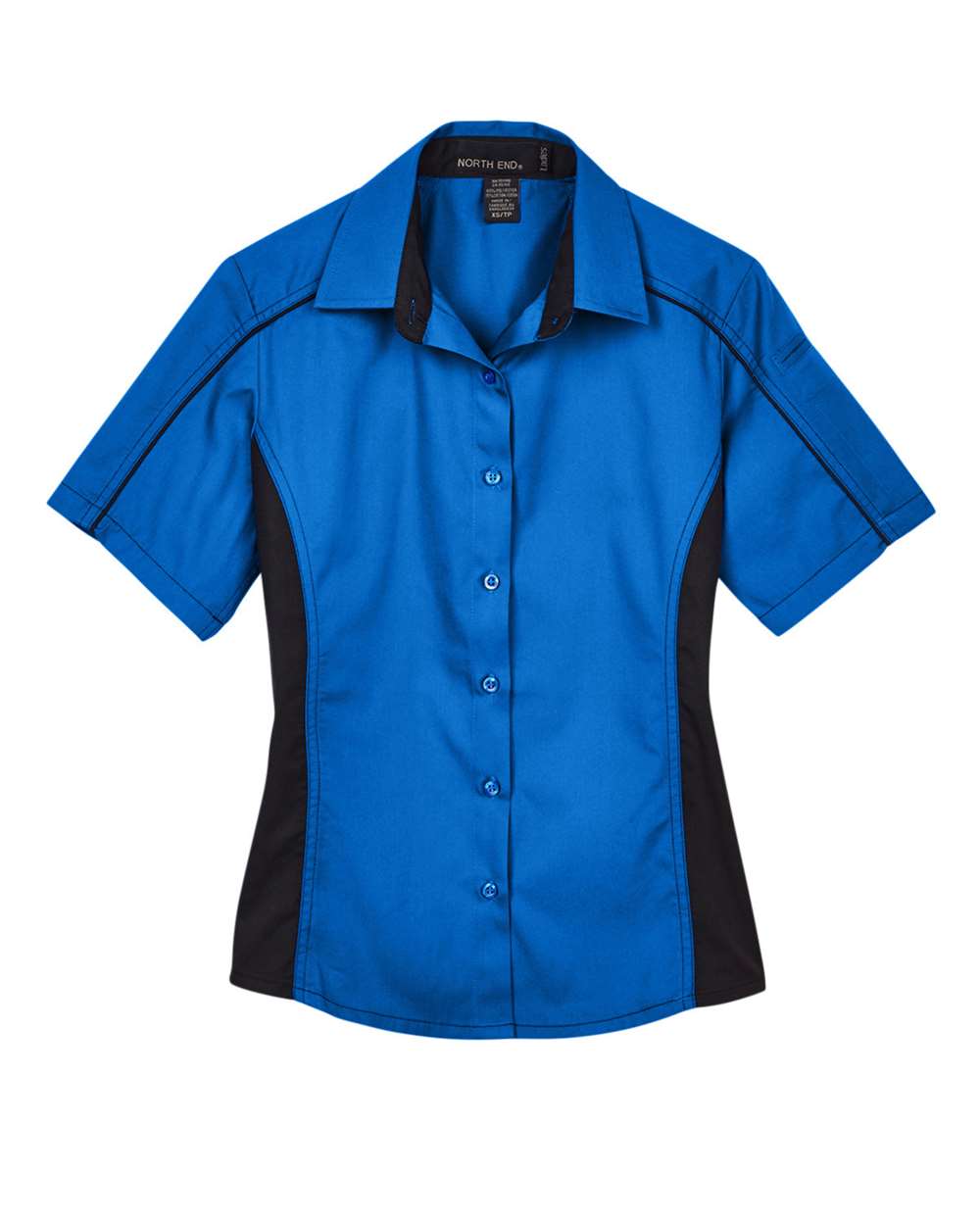 Front View of True Royal/ Black Women&#39;s Fuse Colorbloack Twill Short Sleeve Shirt - 77042