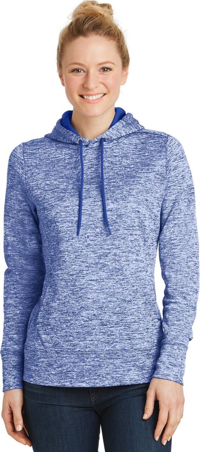 Front View of True Royal Ele Sport-Tek Women's PosiCharge Electric Heather Fleece Hooded Pullover. LST225