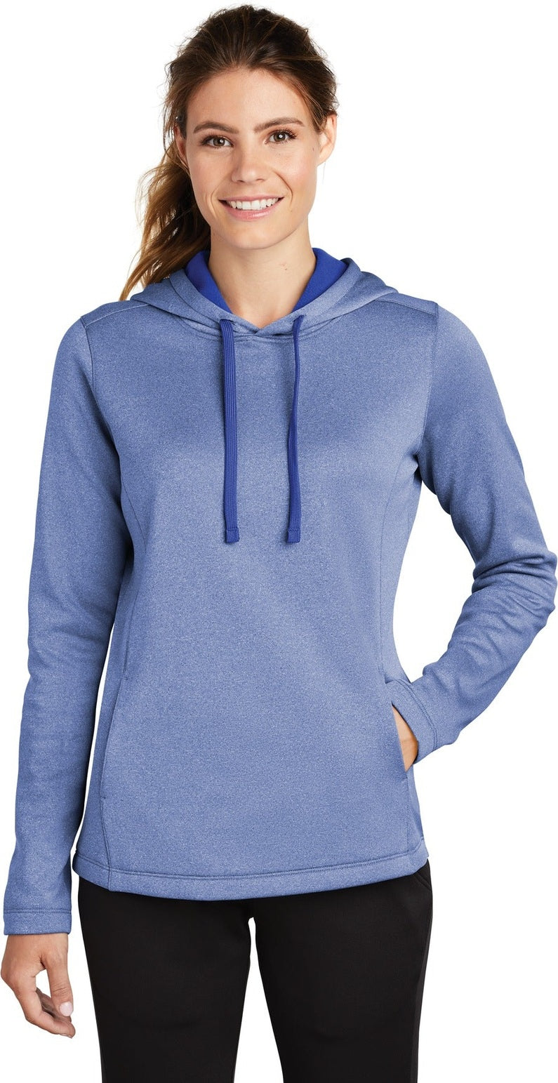 Front View of True Royal Hth Sport-Tek Women's PosiCharge Sport-Wick Heather Fleece Hooded Pullover. LST264