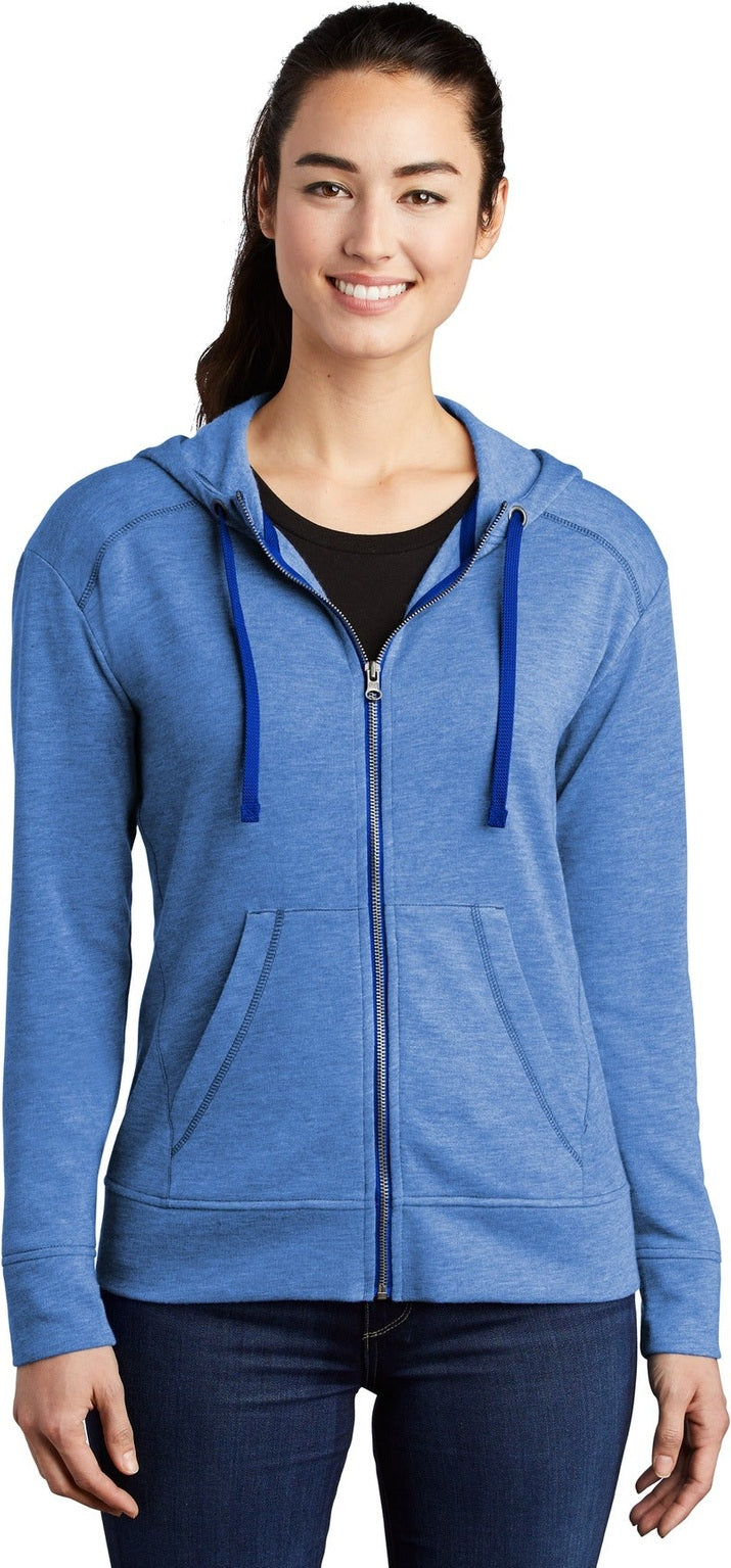 Front View of True Royal Hth Sport-Tek Women's PosiCharge Tri-Blend Wicking Fleece Full-Zip Hooded Jacket LST293