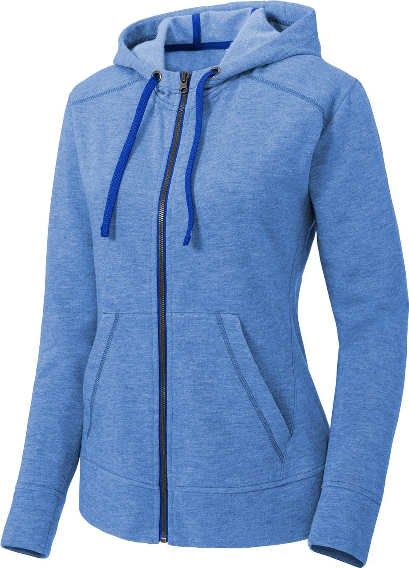 Front View of True Royal Hth Sport-Tek Women's PosiCharge Tri-Blend Wicking Fleece Full-Zip Hooded Jacket LST293