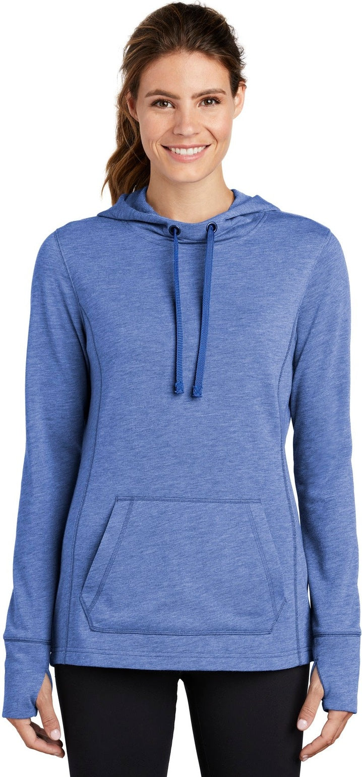 Front View of True Royal Hth Sport-Tek Women's PosiCharge Tri-Blend Wicking Fleece Hooded Pullover. LST296