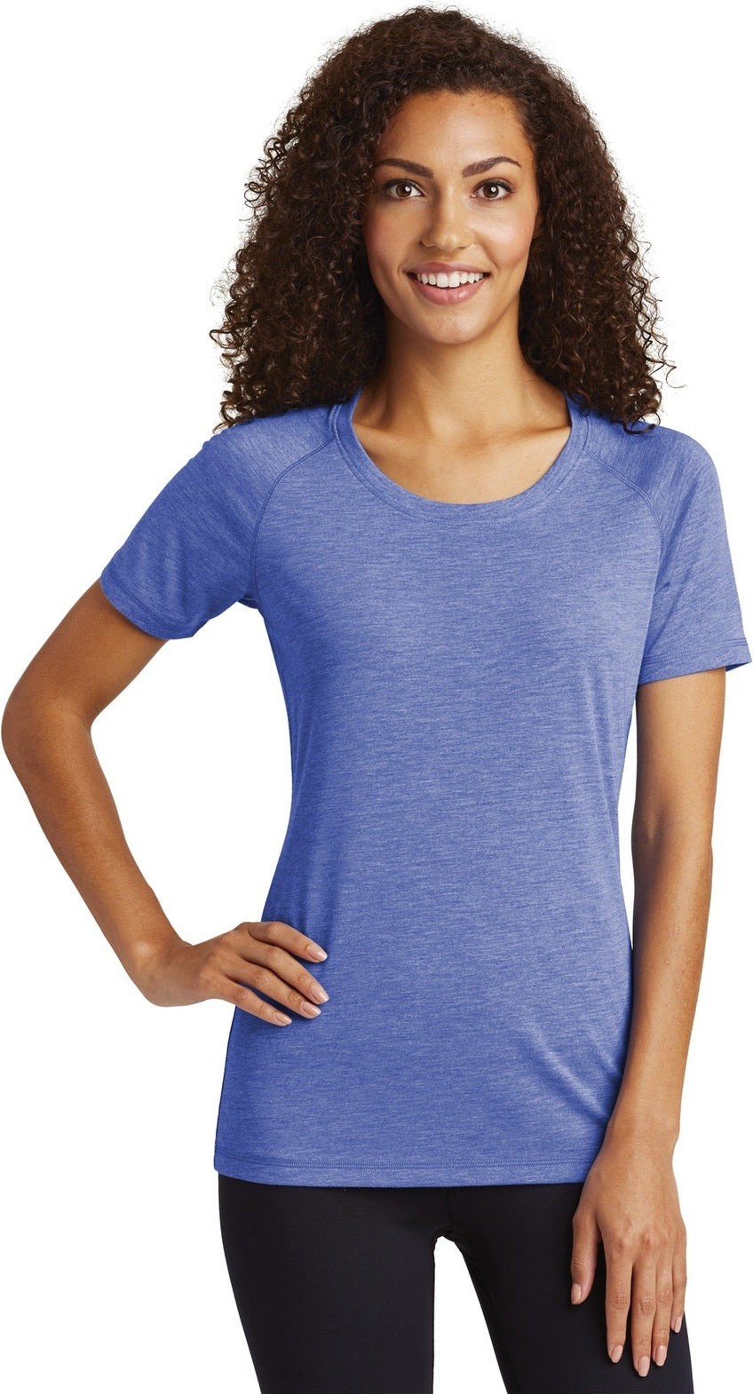 Front View of True Royal Hth Sport-Tek Women's PosiCharge Tri-Blend Wicking Scoop Neck Raglan Tee. LST400