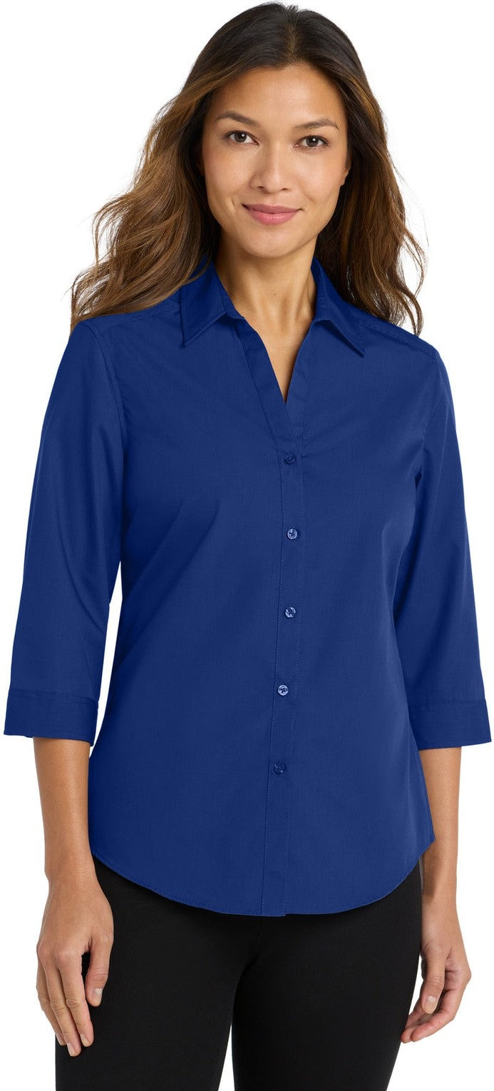 Front View of True Royal Port Authority Women's 3/4-Sleeve Carefree Poplin Shirt. LW102
