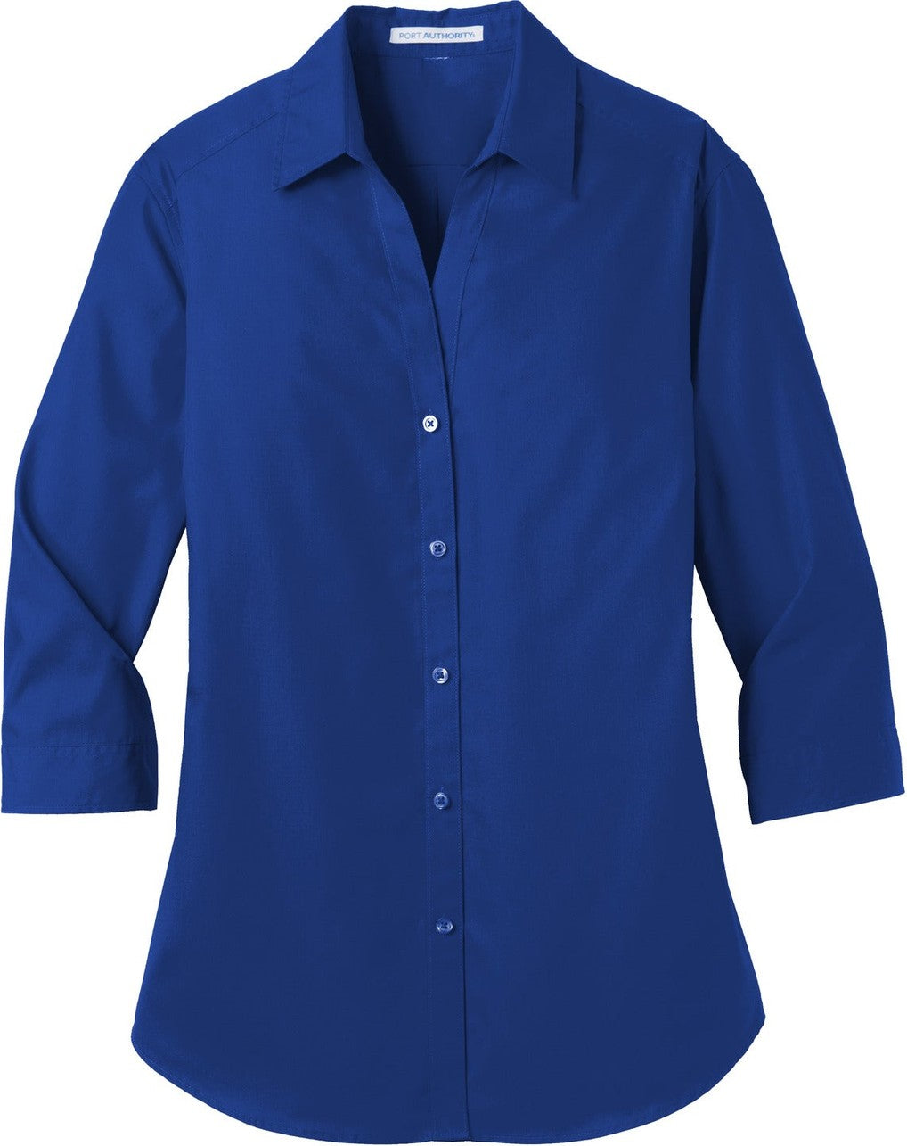 Front View of True Royal Port Authority Women's 3/4-Sleeve Carefree Poplin Shirt. LW102