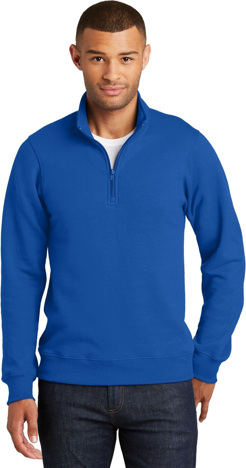 Front View of True Royal Port & Co Fan Favorite Fleece 1/4-Zip Pullover Sweatshirt. PC850Q