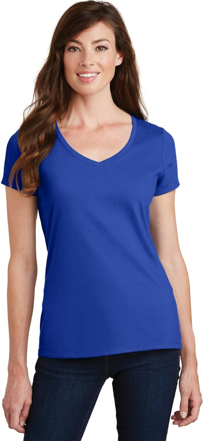 Front View of True Royal Port & Co Women's Fan Favorite V-Neck Tee. LPC450V