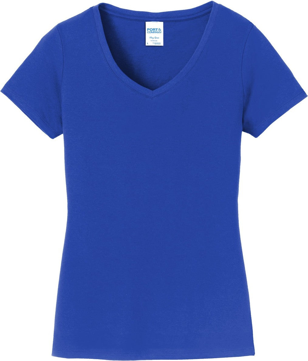 Front View of True Royal Port & Co Women's Fan Favorite V-Neck Tee. LPC450V