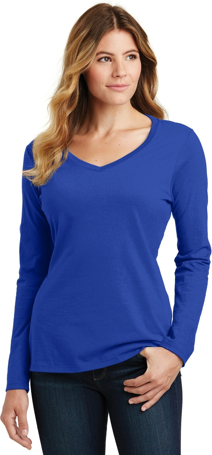 Front View of True Royal Port & Co Women's Long Sleeve Fan Favorite V-Neck Tee. LPC450VLS