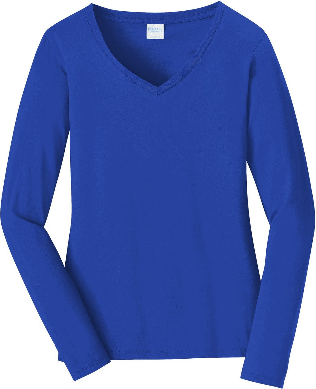 Front View of True Royal Port & Co Women's Long Sleeve Fan Favorite V-Neck Tee. LPC450VLS