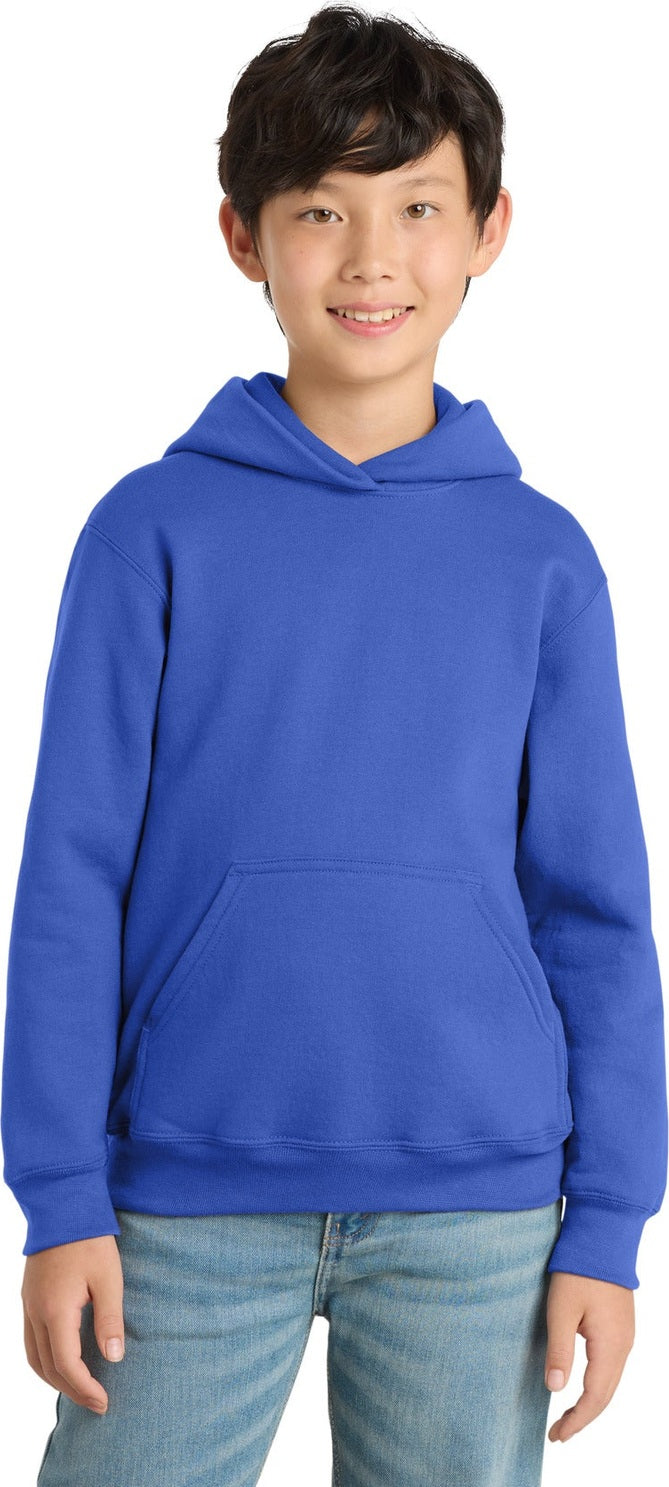 Front View of True Royal Port & Co Youth Core Fleece Pullover Hooded Sweatshirt. PC90YH