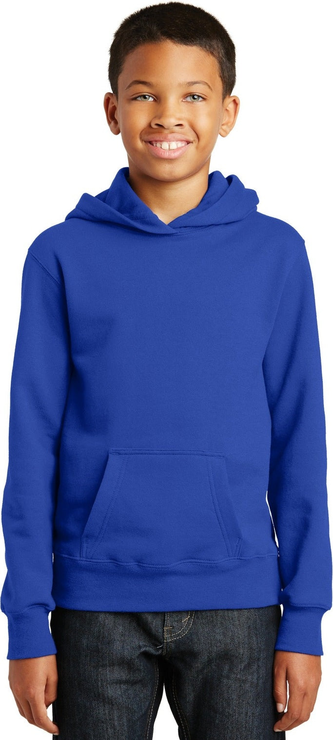 Front View of True Royal Port & Co Youth Fan Favorite Fleece Pullover Hooded Sweatshirt. PC850YH