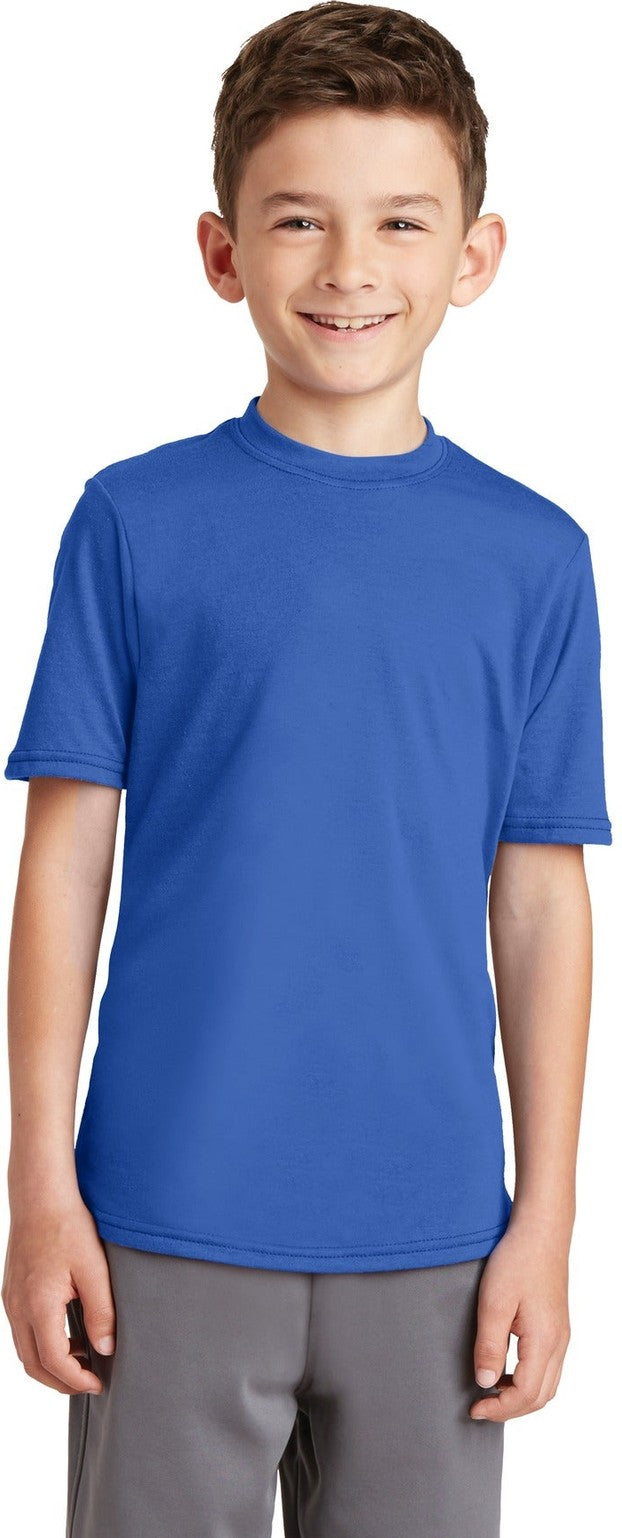 Front View of True Royal Port & Co Youth Performance Blend Tee. PC381Y