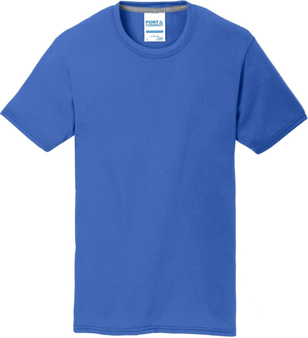 Front View of True Royal Port & Co Youth Performance Blend Tee. PC381Y