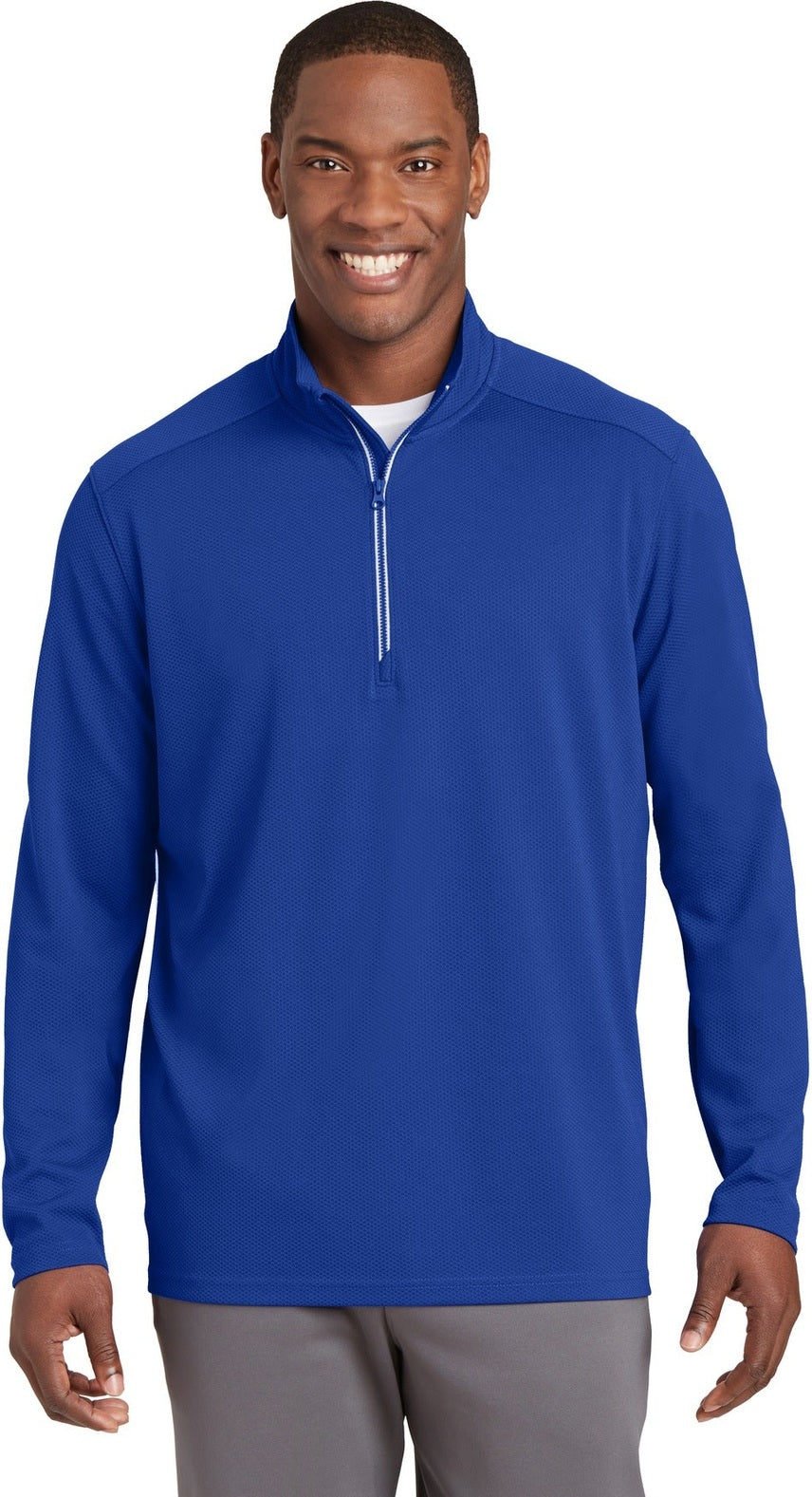 Front View of True Royal Sport-Tek Sport-Wick Textured 1/4-Zip Pullover. ST860