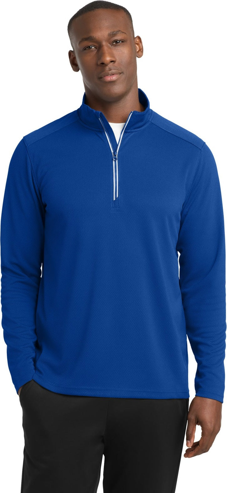 Front View of True Royal Sport-Tek Sport-Wick Textured 1/4-Zip Pullover. ST860