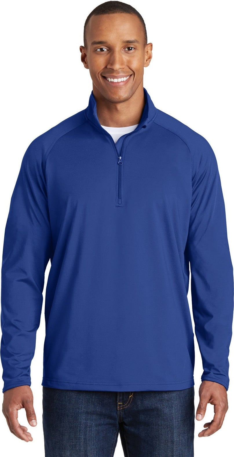 Front View of True Royal Sport-Tek Tall Sport-Wick Stretch 1/4-Zip Pullover. TST850