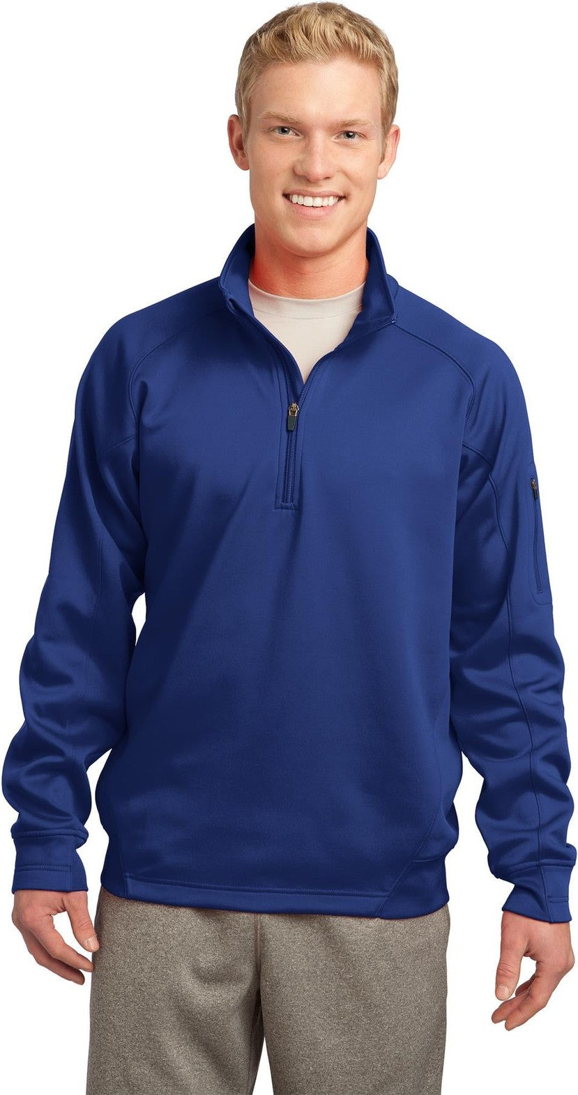 Front View of True Royal Sport-Tek Tech Fleece 1/4-Zip Pullover. F247